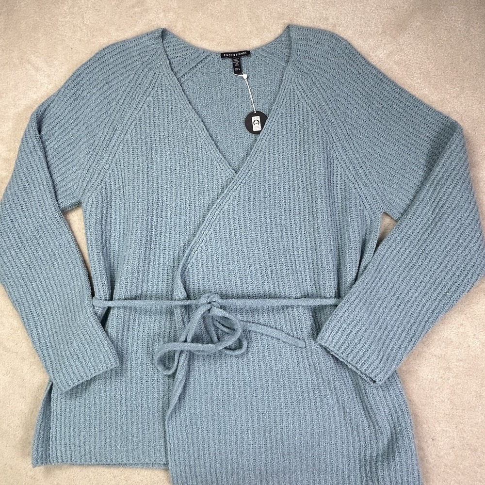 Eileen Fisher Women's L Cardigan Sweater Peruvian 100% Organic Cotton Blue